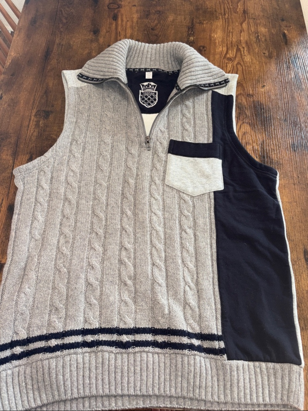 Tristan Gray Cable-Knit Zip Mock Collar Sweater Vest with Black Side Panel